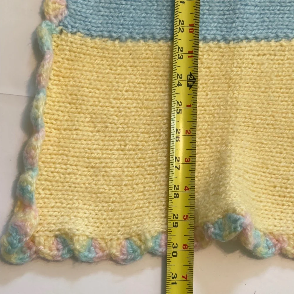 Handmade Knit Baby Blanket Pastel Stripe Scallop Crochet Edge Multi Color 30X38